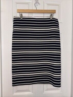 Loft Womens Large Pencil Skirt Navy White Stripe Pull On Knee Length Nautical, s